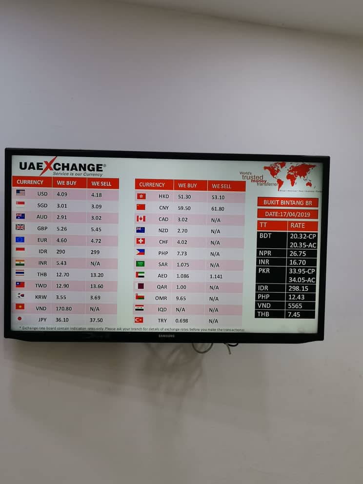 Here is Wednesday Money Changer Exchange Rate [ Bukit Bintang ] [ Kuala