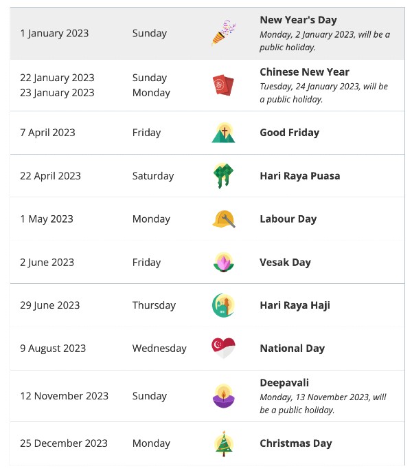 Singapore Public Holidays 2023